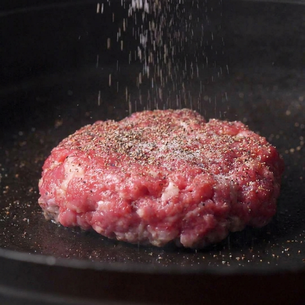 Une spatule métallique retournant un steak de bœuf bien saisi dans une poêle chaude.
