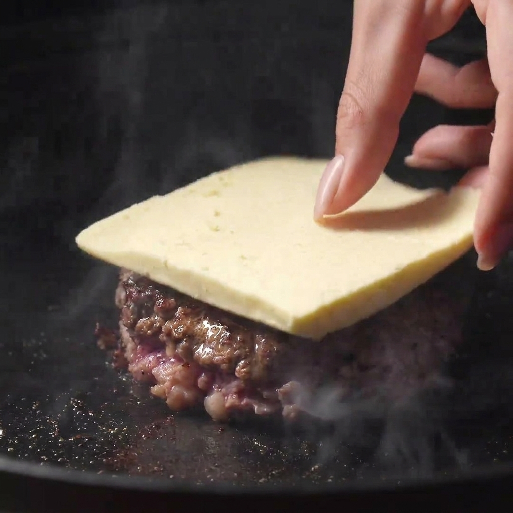 Main déposant une tranche épaisse de fromage sur un steak de bœuf retourné dans une poêle.
