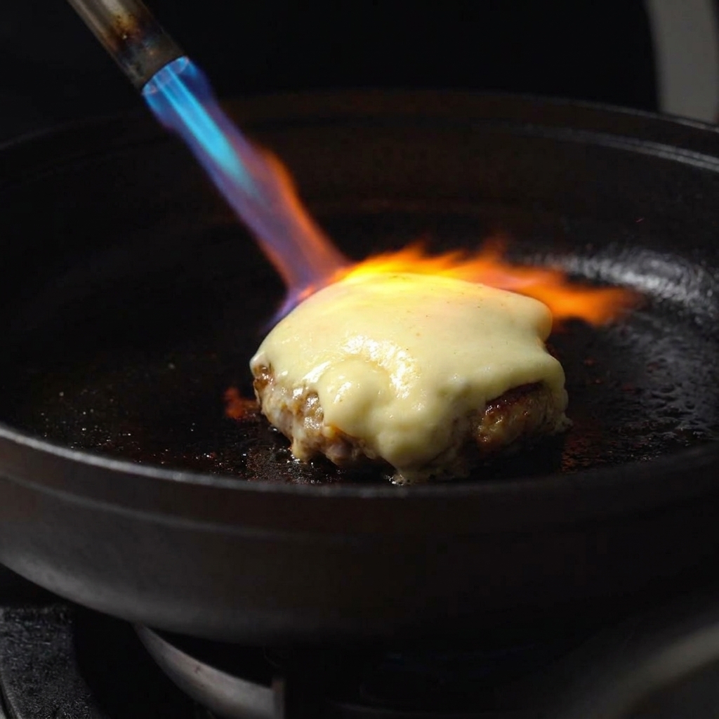 La flamme dun chalumeau caramélisant le fromage fondu sur un steak de bœuf.