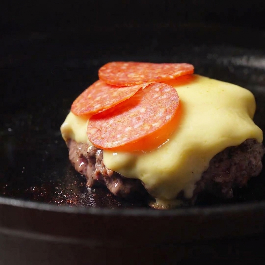 Tranches de salami rouge disposées sur le fromage fondu dun steak de burger.