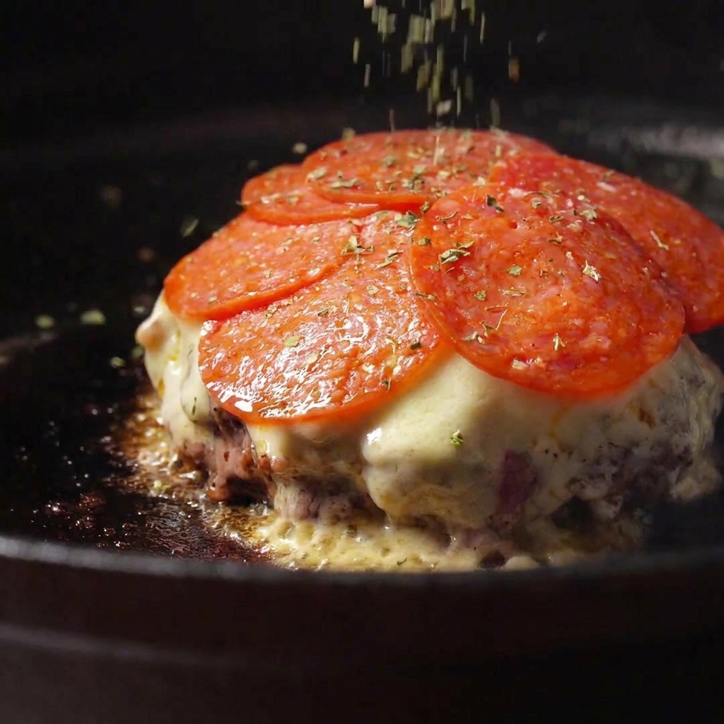 Herbes séchées tombant sur le salami et le fromage dans une poêle sombre.
