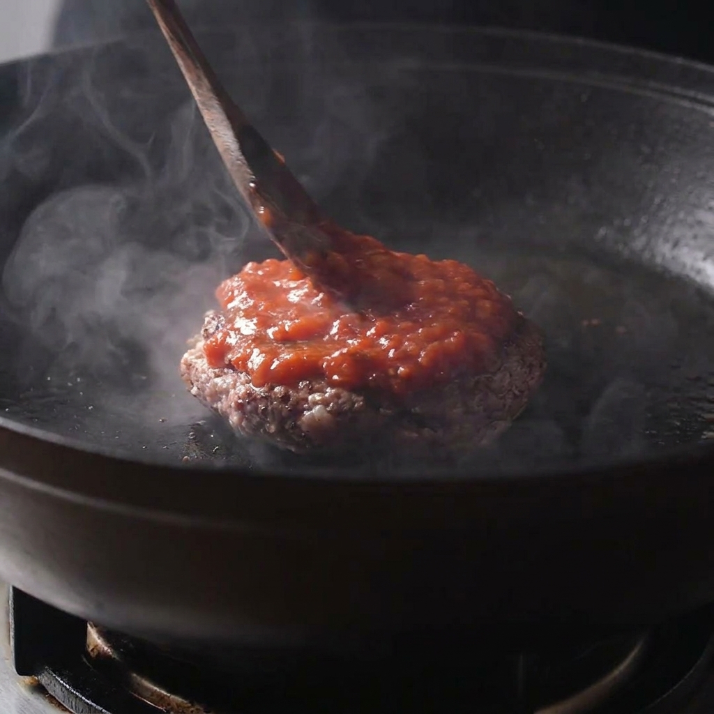 Une cuillère en bois étalant une sauce tomate rouge sur le dessus dun second steak de bœuf.