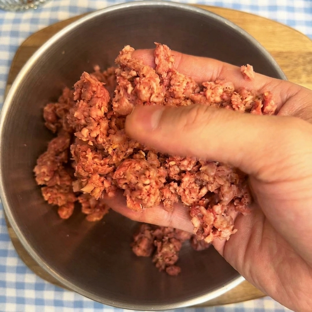 Une main pétrissant doucement une portion de bœuf haché cru dans un bol en métal.