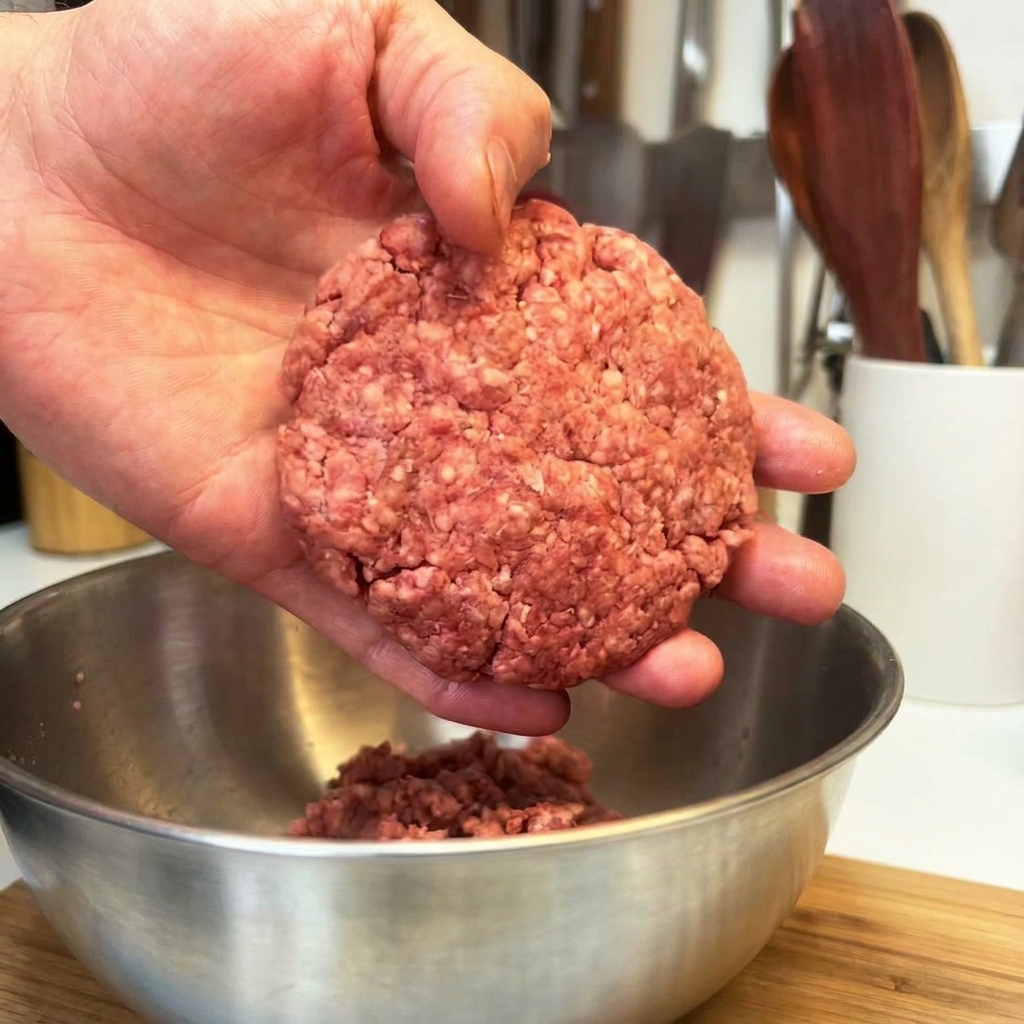 Un steak de bœuf cru épais et parfaitement formé reposant sur la paume dune main.