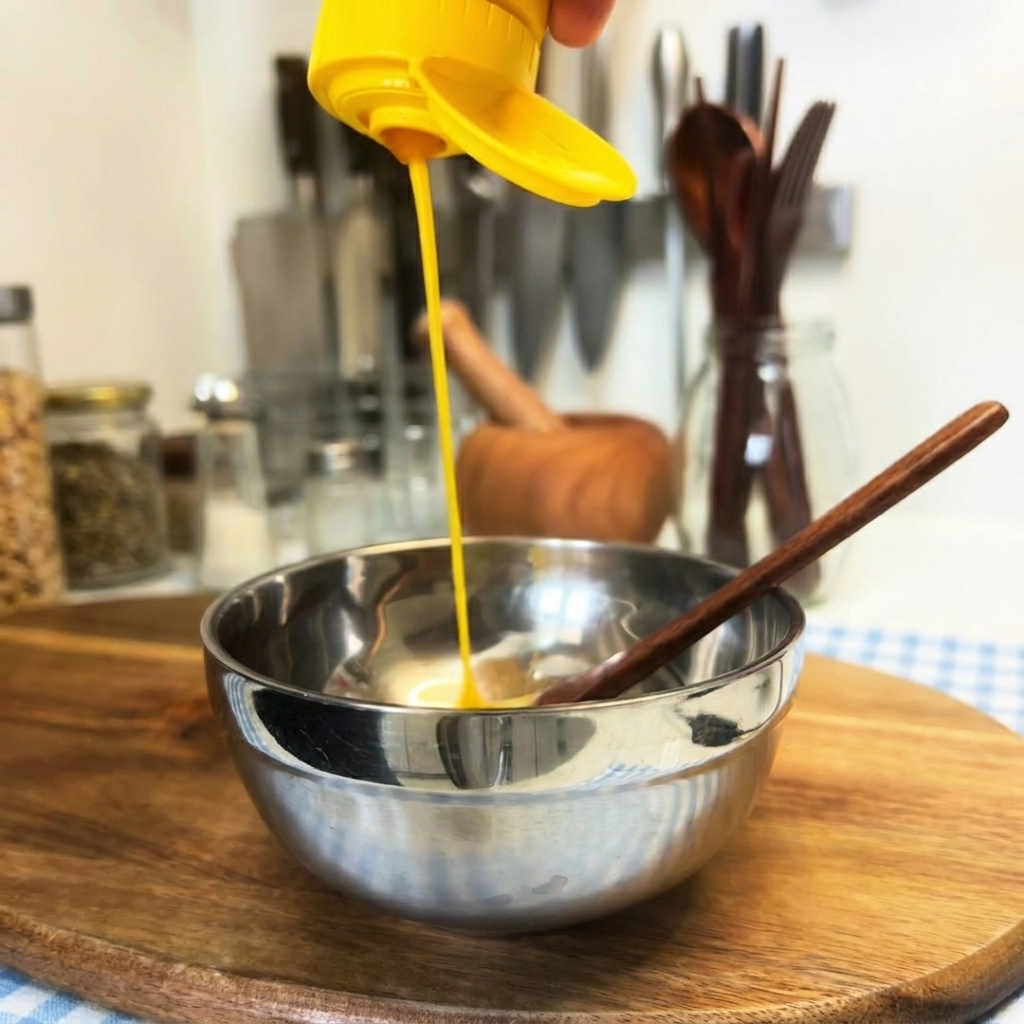 Moutarde jaune versée dune bouteille dans un petit bol en métal.