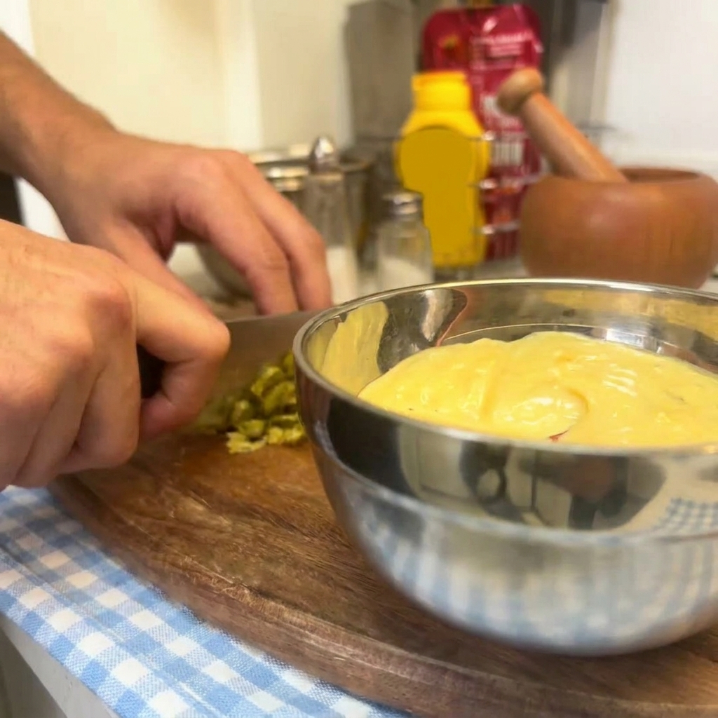 Mains versant des cornichons hachés dune planche à découper dans un bol en inox contenant une sauce jaune.