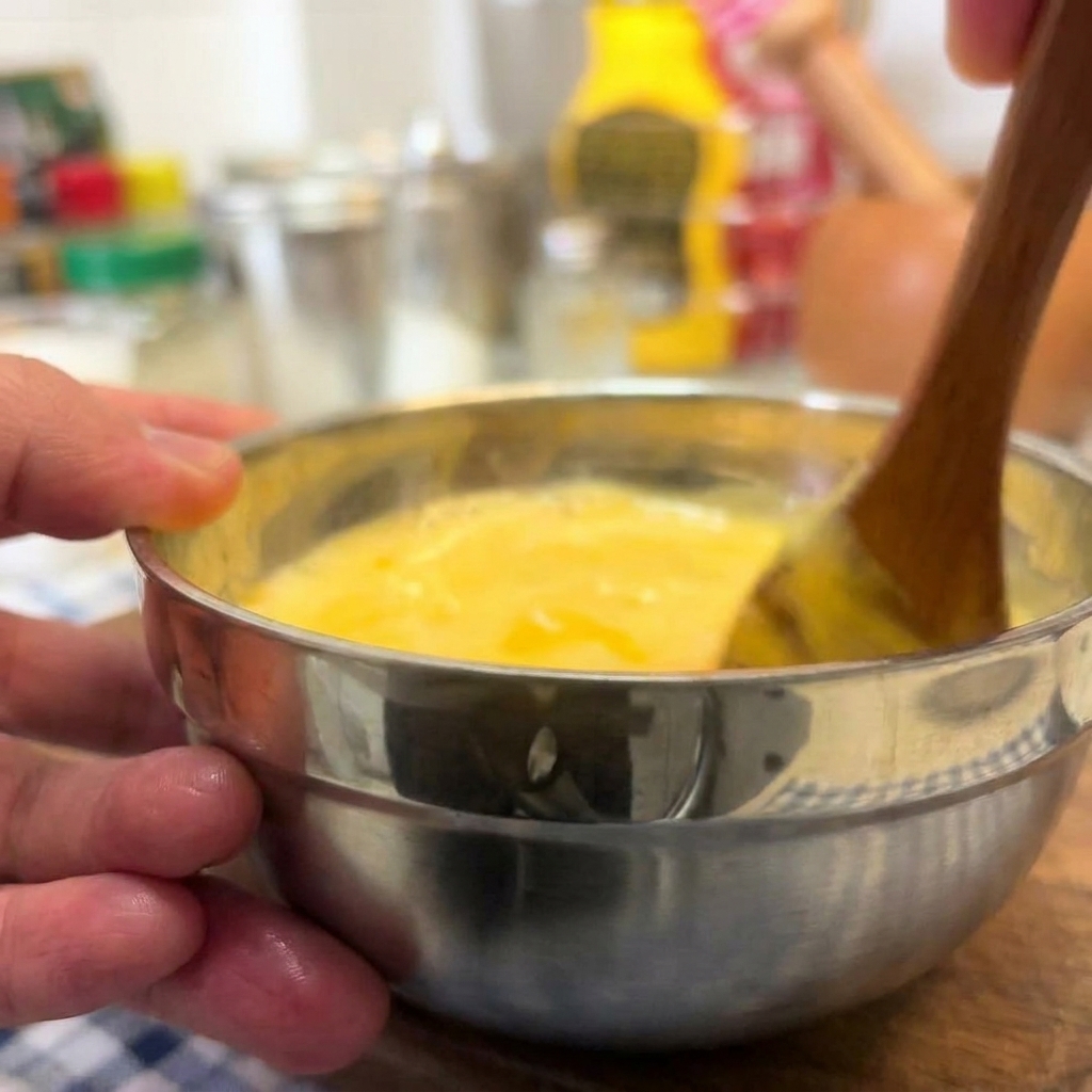 Une main mélangeant une sauce burger onctueuse de couleur orange pâle dans un bol en métal.