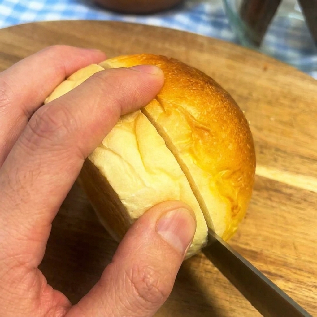 Une main tenant un pain à burger tout en le coupant horizontalement sur une planche en bois.