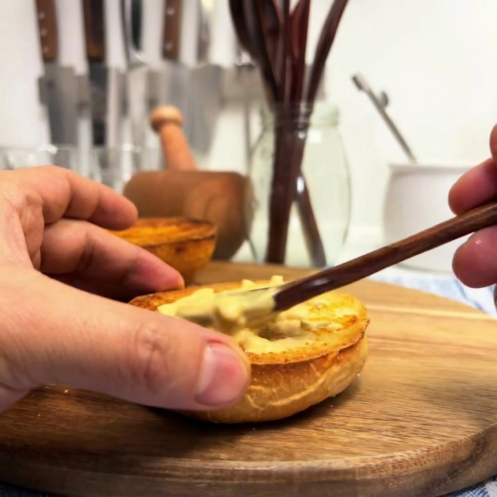 Une main étalant une sauce burger onctueuse sur la base dun pain toasté doré.