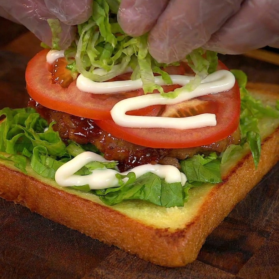 Ajout de laitue ciselée sur la tomate lors de lassemblage du sandwich.