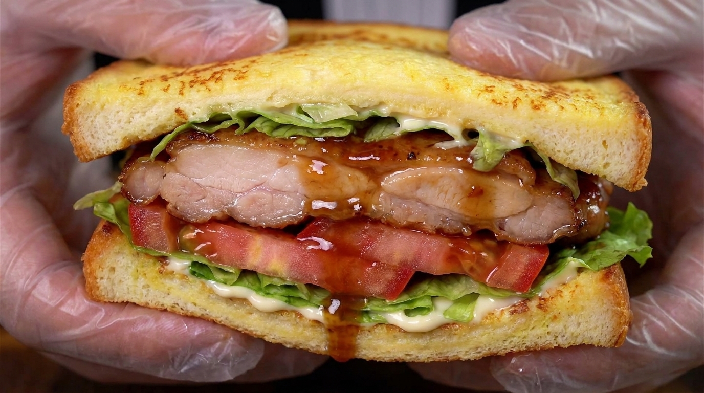 Un généreux sandwich de pain perdu garni de poulet glacé au soja et au miel, de laitue croquante et de tomates.