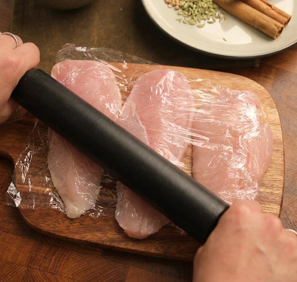 Un rouleau à pâtisserie utilisé pour aplatir des escalopes de poulet sous un film plastique.