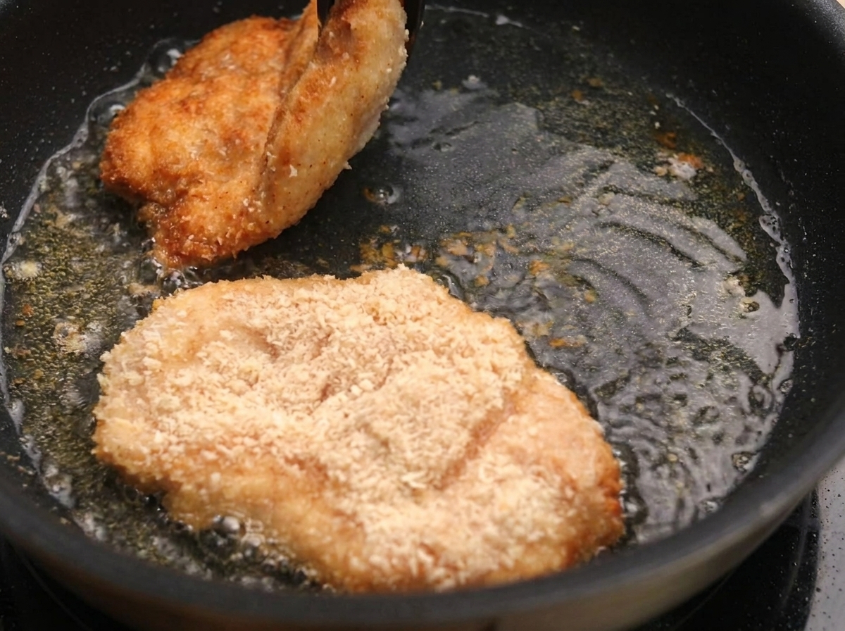 Blancs de poulet panés dorés cuisant dans une poêle avec de lhuile chaude.