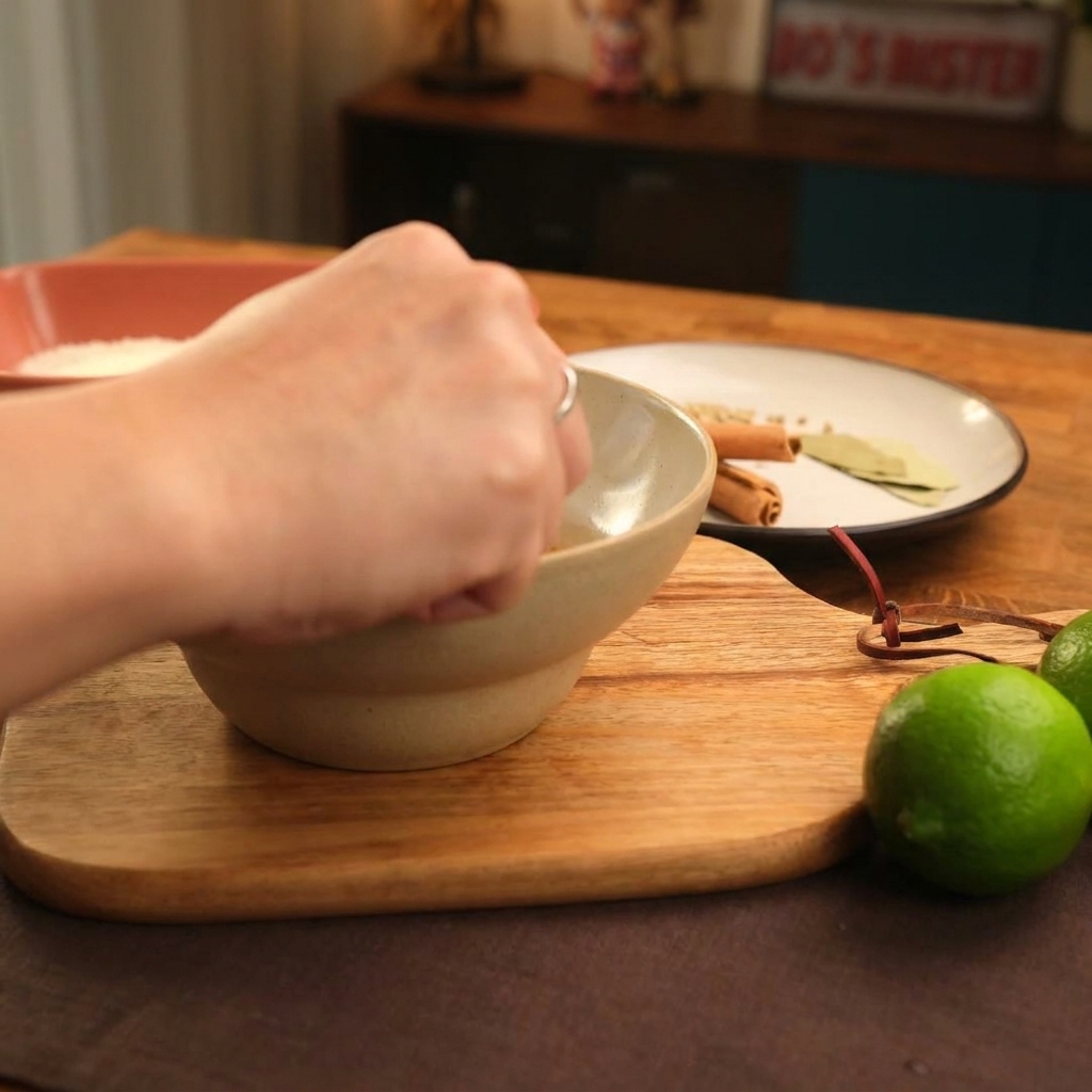 Une main pressant du jus de citron vert dans un bol de sauce mayonnaise épicée.
