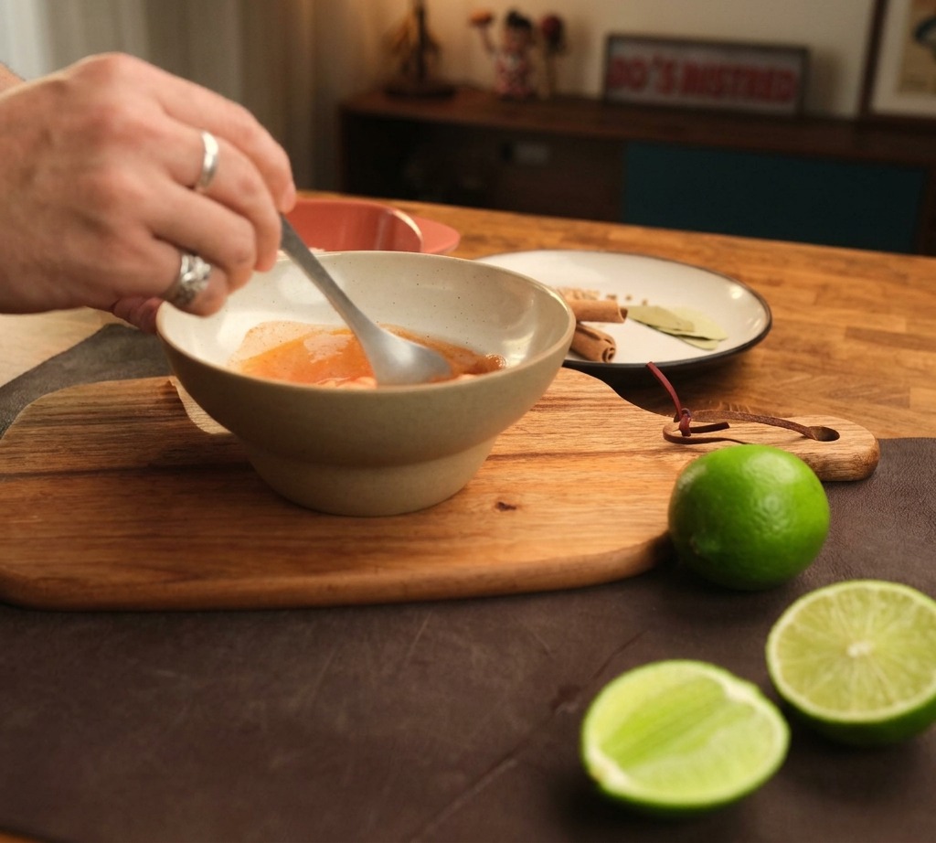 Une main mélangeant une mayonnaise orange à lharissa avec une cuillère.