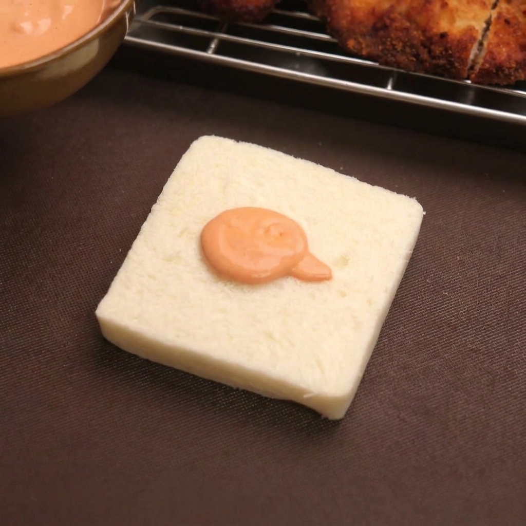 Une dose de mayonnaise harissa orange sur une tranche de pain de mie blanc.