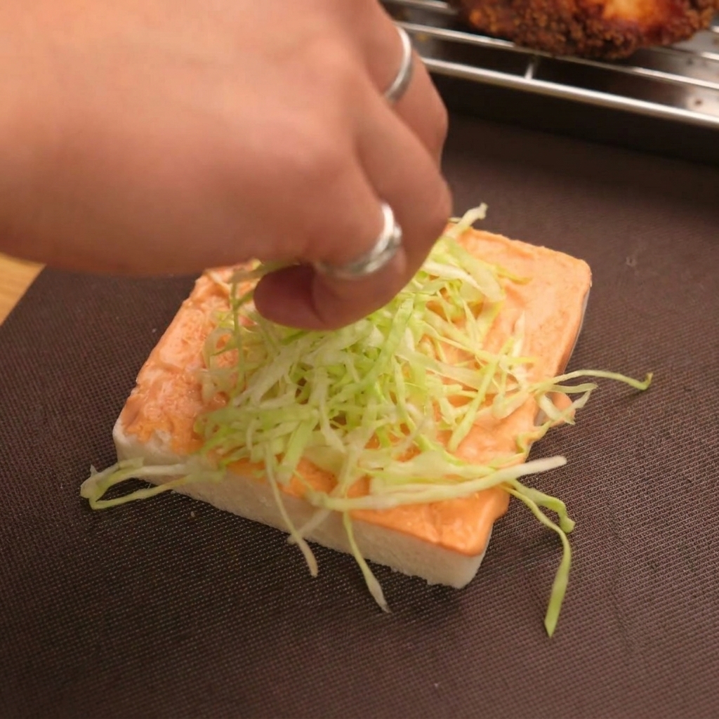 Une main déposant une poignée de chou vert émincé sur la sauce orange du pain.