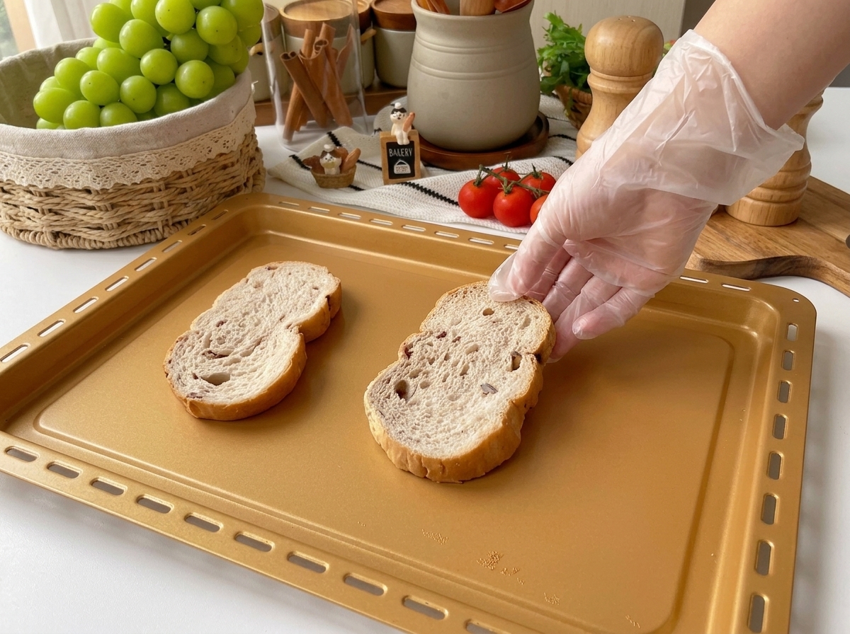 Tranches de pain multicéréales disposées sur une plaque de cuisson prête à être grillée.