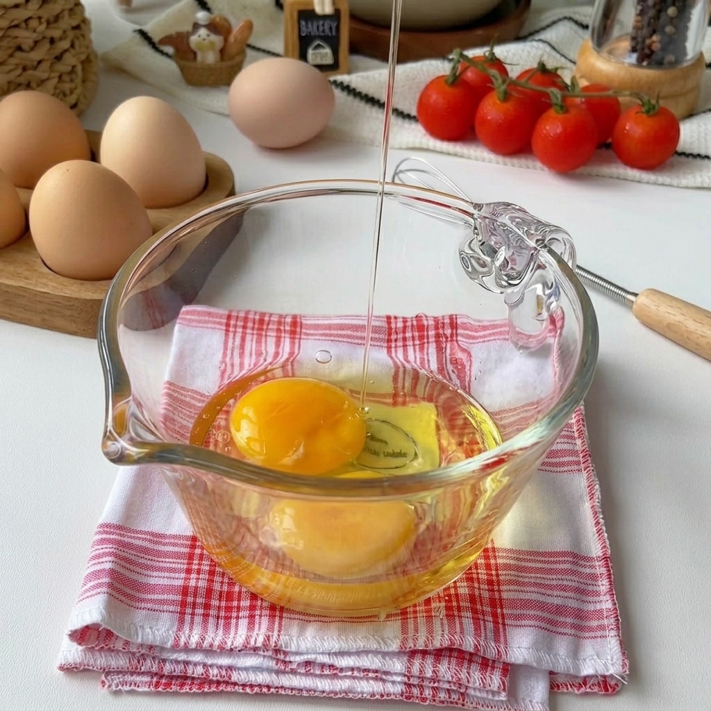 Trois œufs frais cassés dans un bol doseur en verre transparent.