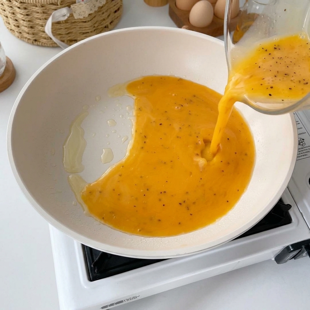 Mélange dœufs battus versé dans une poêle blanche légèrement huilée.