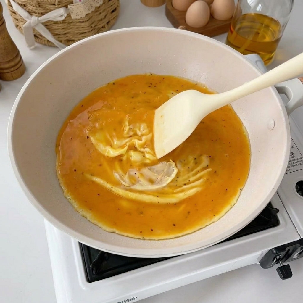 Une spatule souple pliant délicatement les œufs en cours de cuisson dans la poêle.