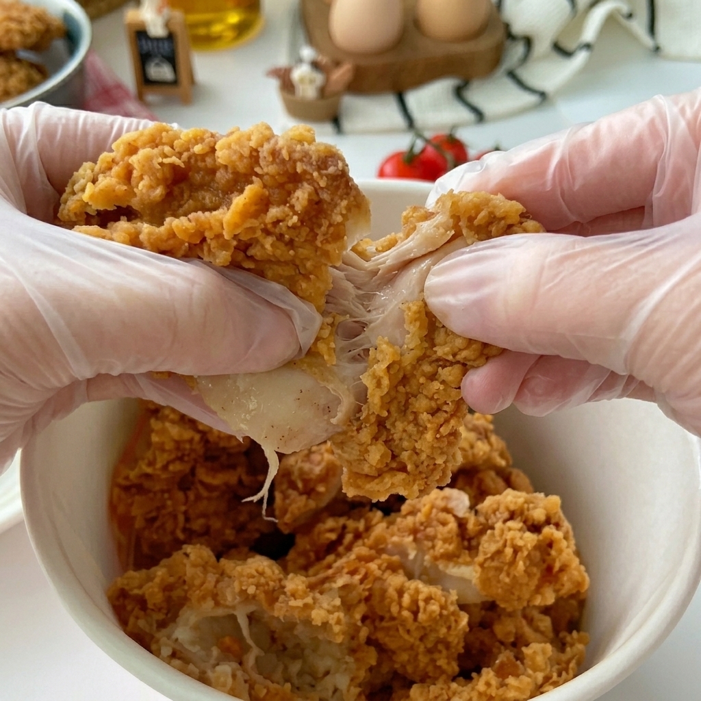 Mains gantées déchirant un morceau de poulet frit doré et croustillant en deux.