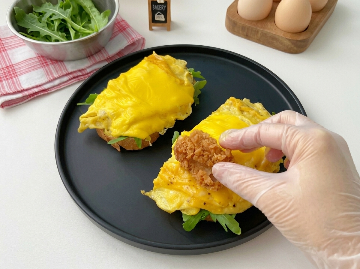 Une main plaçant des morceaux de poulet frit sur les œufs brouillés au fromage.