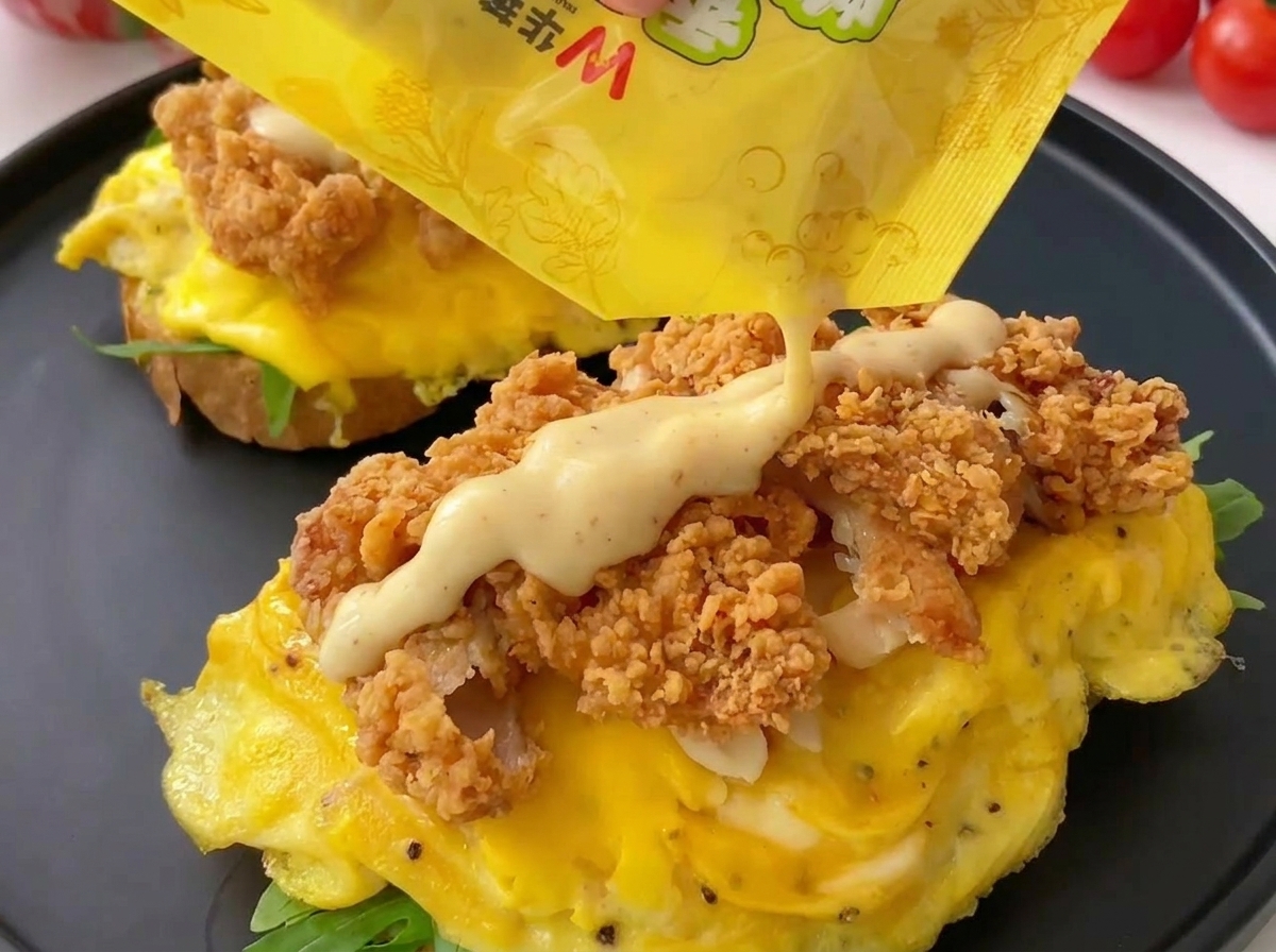 Sauce onctueuse versée sur les morceaux de poulet frit dune tartine ouverte.