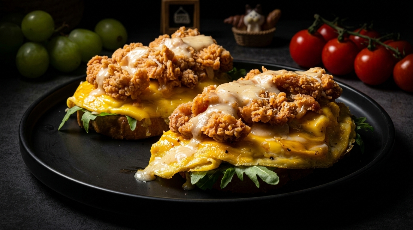 Tartine au Poulet Frit Croustillant et Œufs Brouillés au Fromage