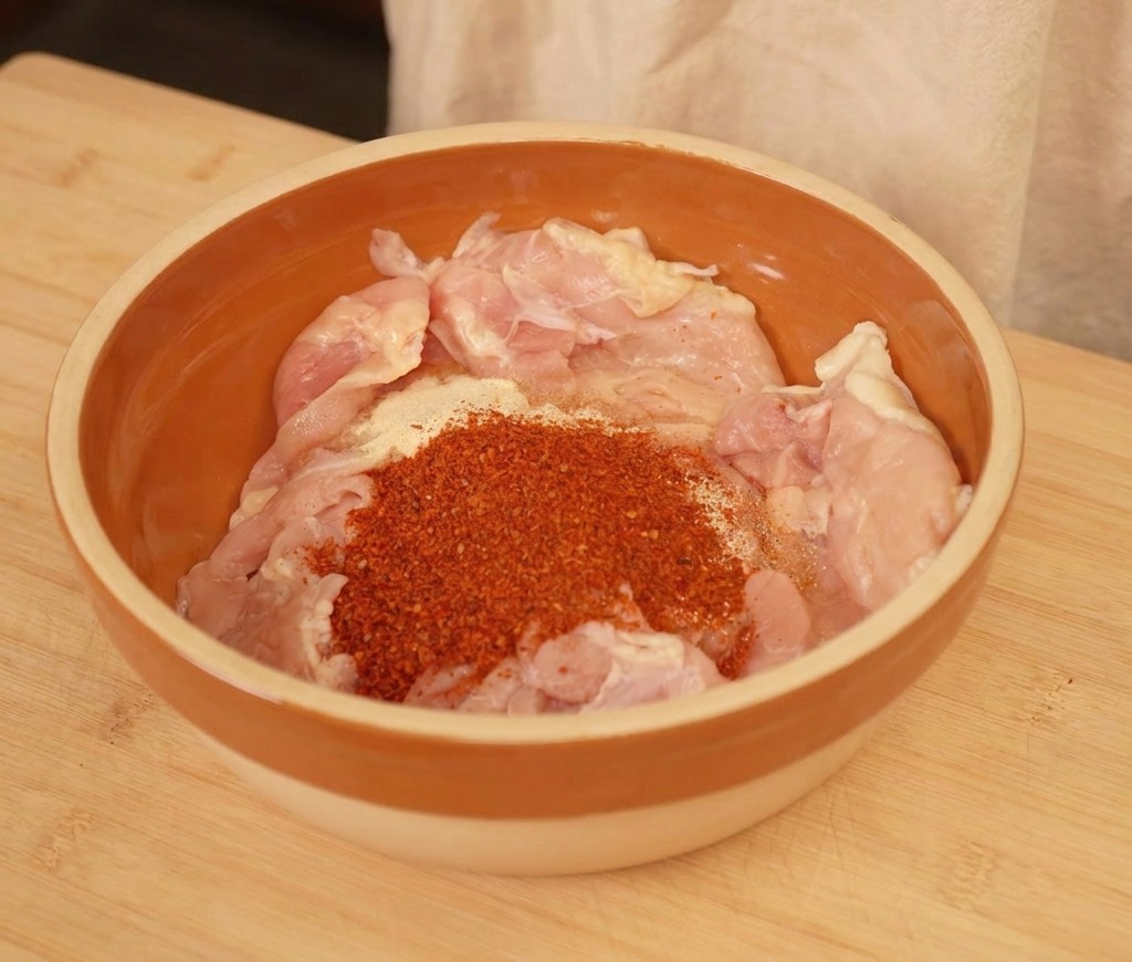 Morceaux de poulet cru dans un bol marron saupoudrés de piment rouge et dassaisonnements.