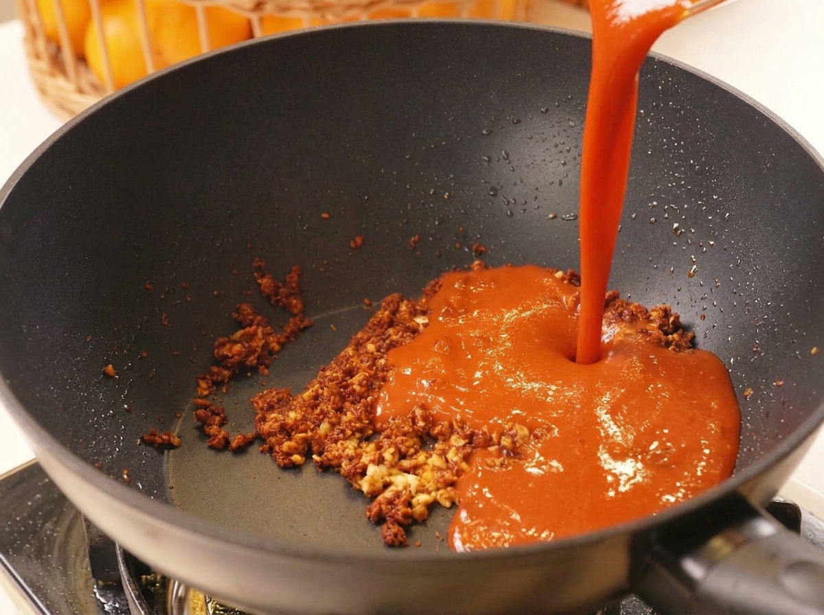 Pâte de piment rouge versée dans le wok avec lail et les épices.