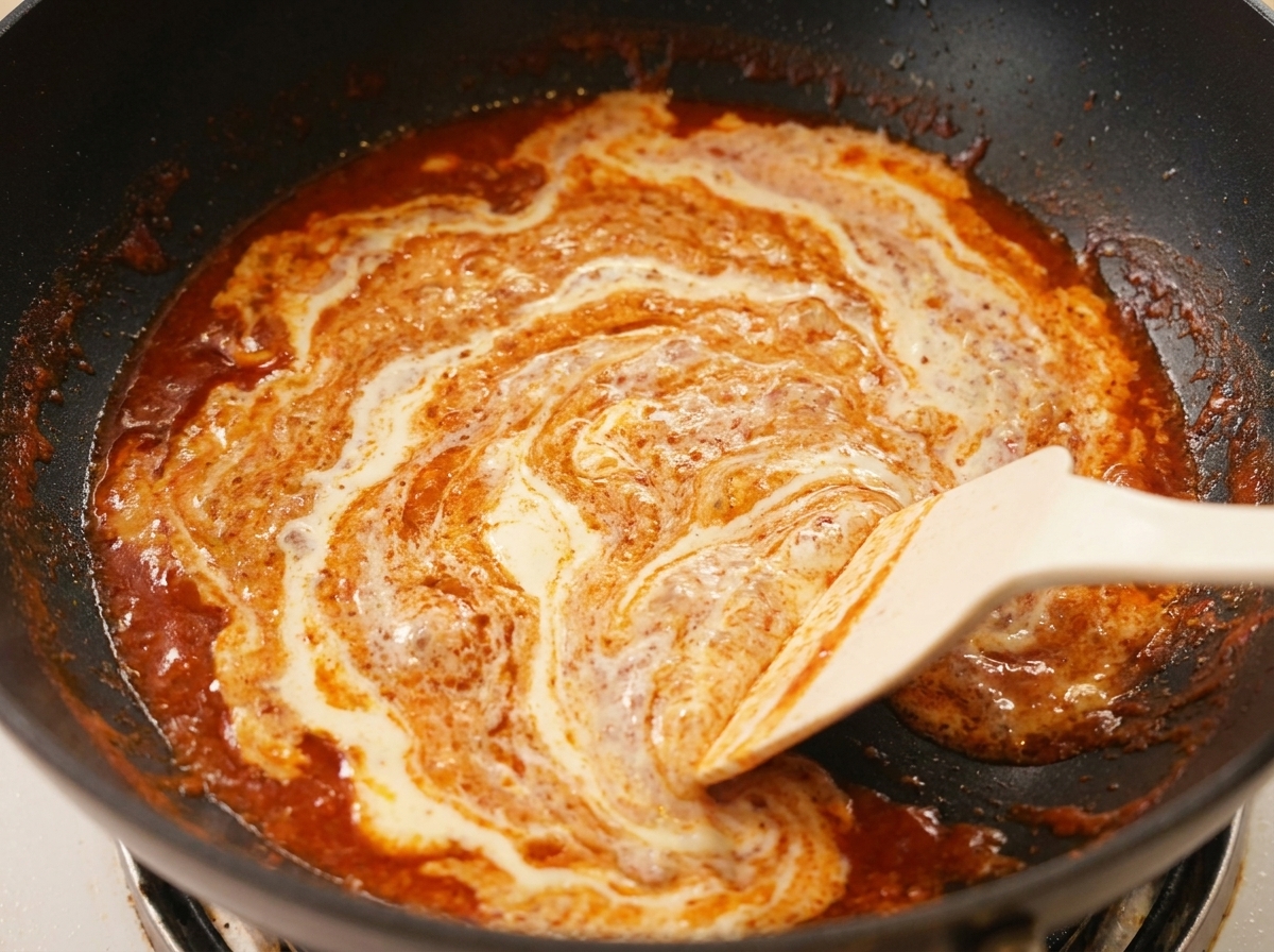 Crème liquide versée dans une sauce rouge bouillonnante dans une poêle sombre.