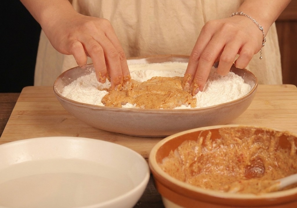 Mains pressant un morceau de poulet mariné dans le mélange de farine blanche.