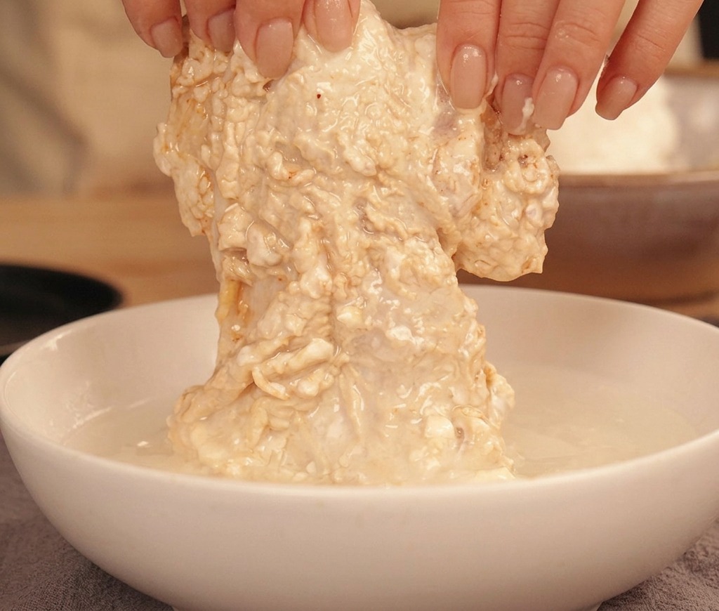 Mains sortant un morceau de poulet fariné dun bol deau claire.