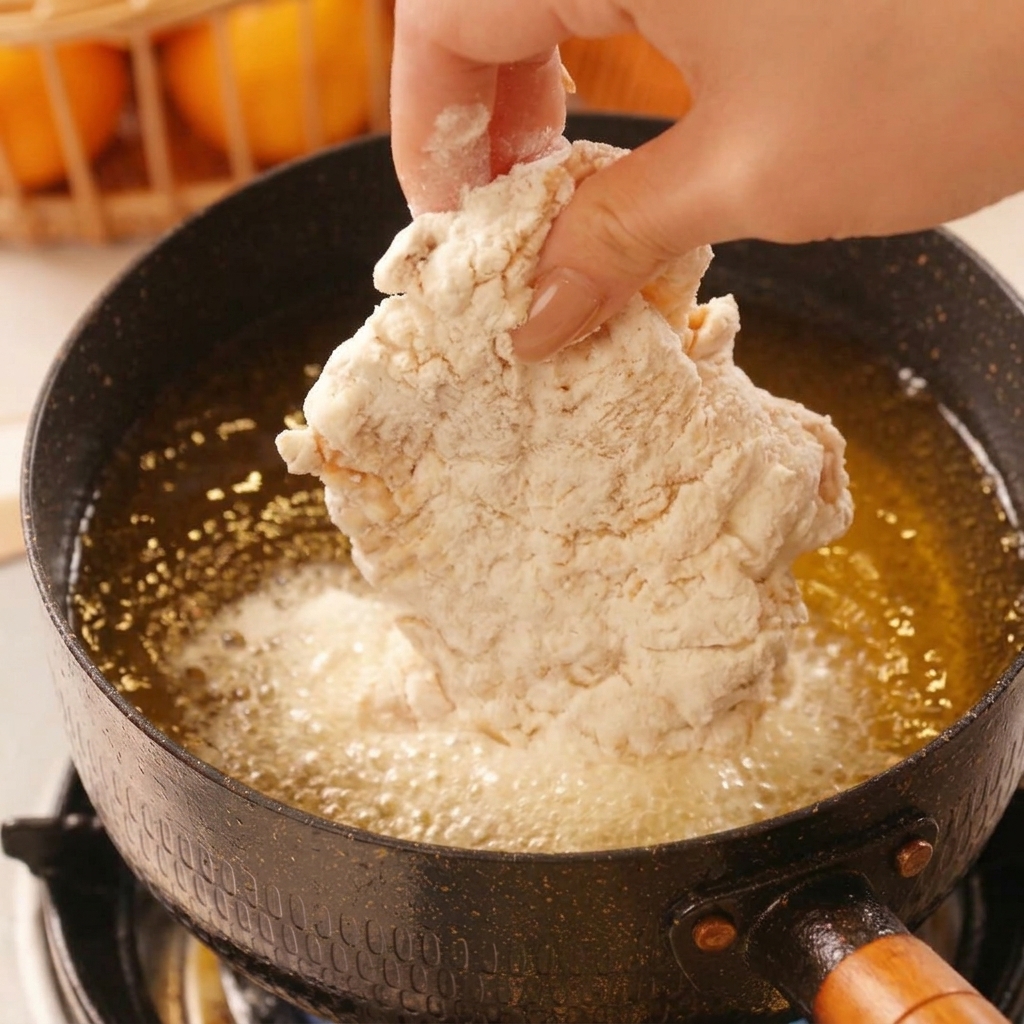 Main déposant le poulet pané dans une huile chaude bouillonnante.