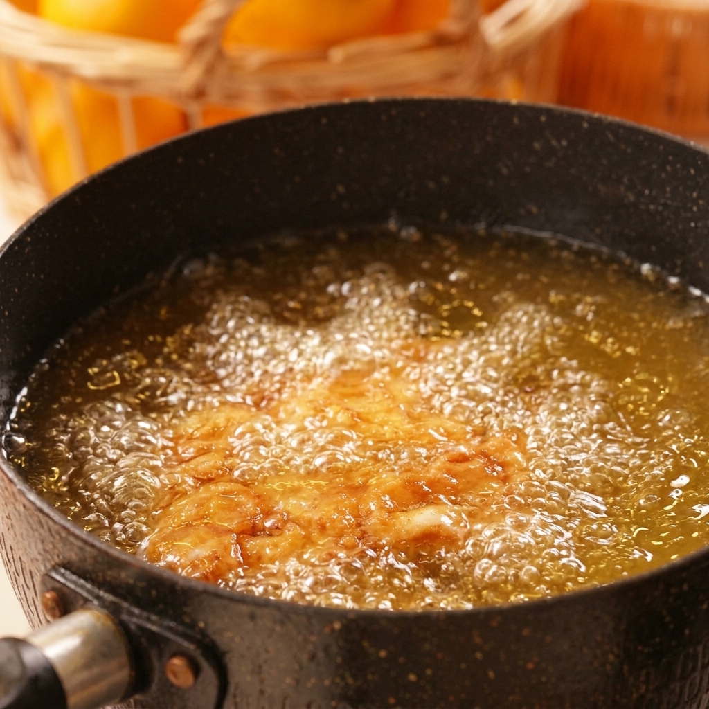 Poulet frit dans un bain dhuile bouillonnante intense.