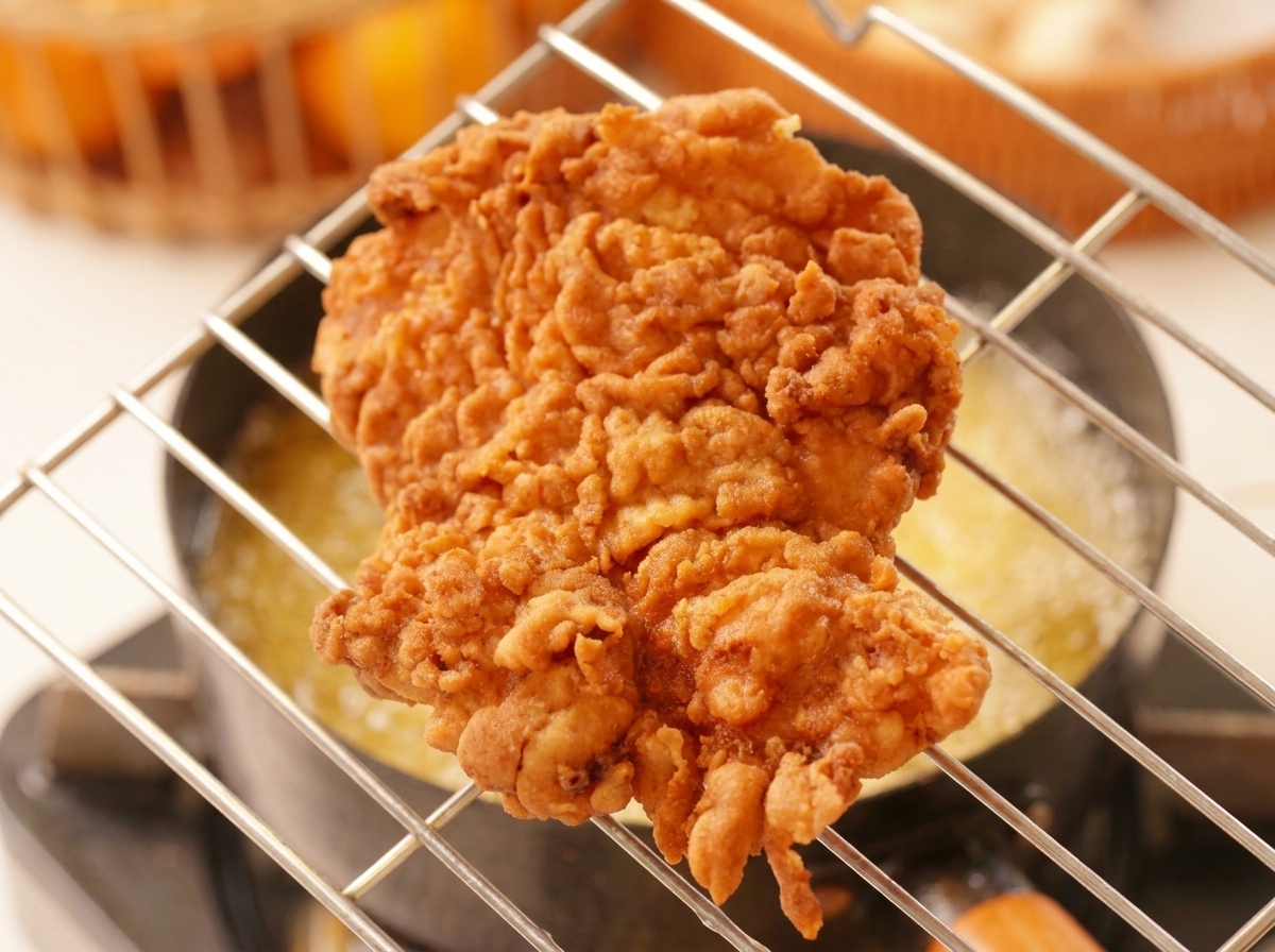 Poulet frit doré posé sur une grille métallique au-dessus dune casserole.