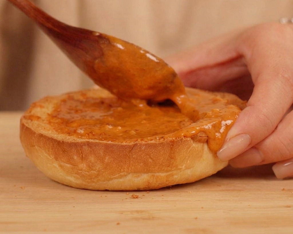 Cuillère étalant la sauce orange sur la base dun pain à burger toasté.