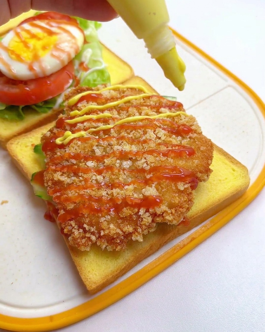Moutarde au miel et ketchup versés sur lescalope de poulet frit.