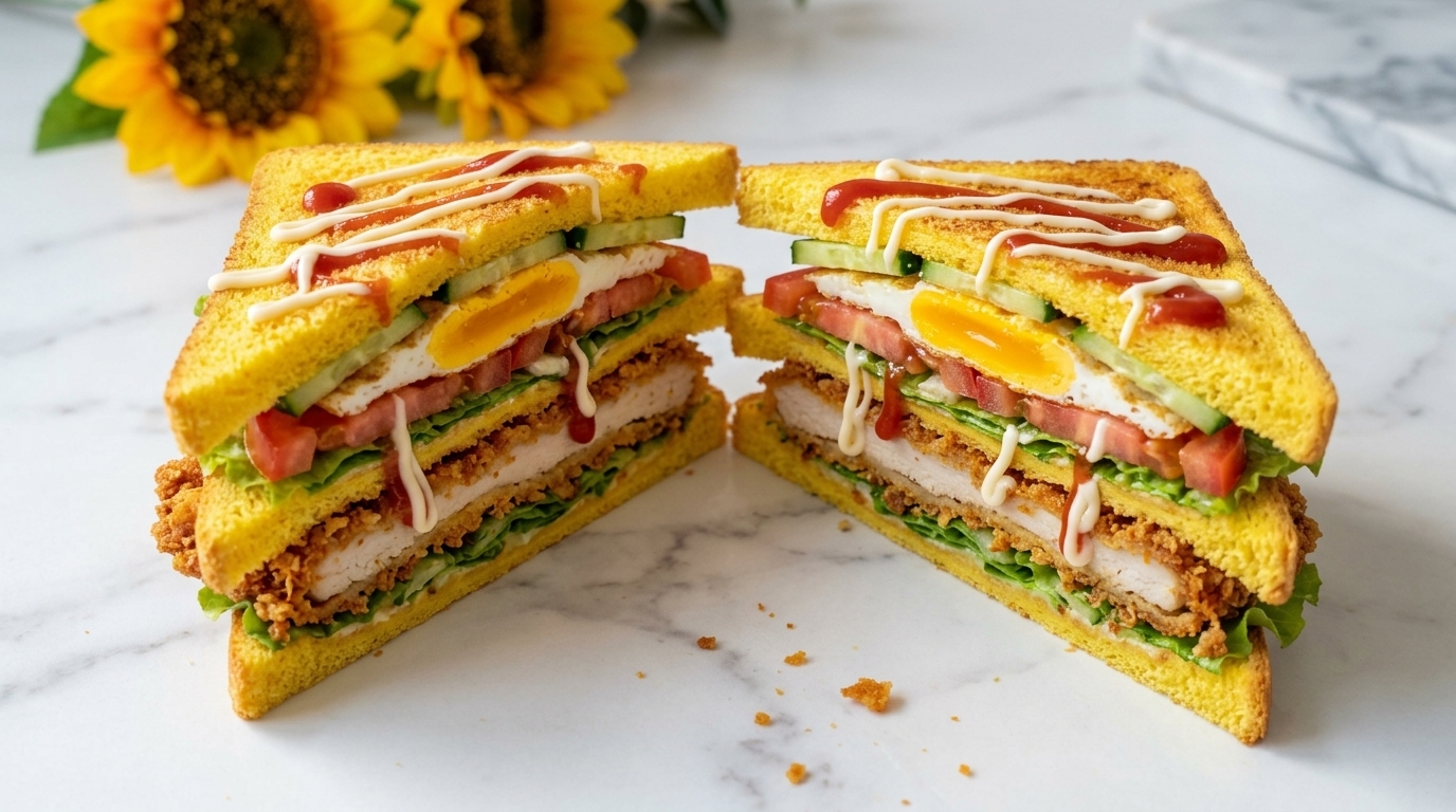 Un sandwich généreusement garni coupé en deux, révélant ses étages de poulet croustillant, dœuf frit, de légumes frais et de sauces onctueuses.
