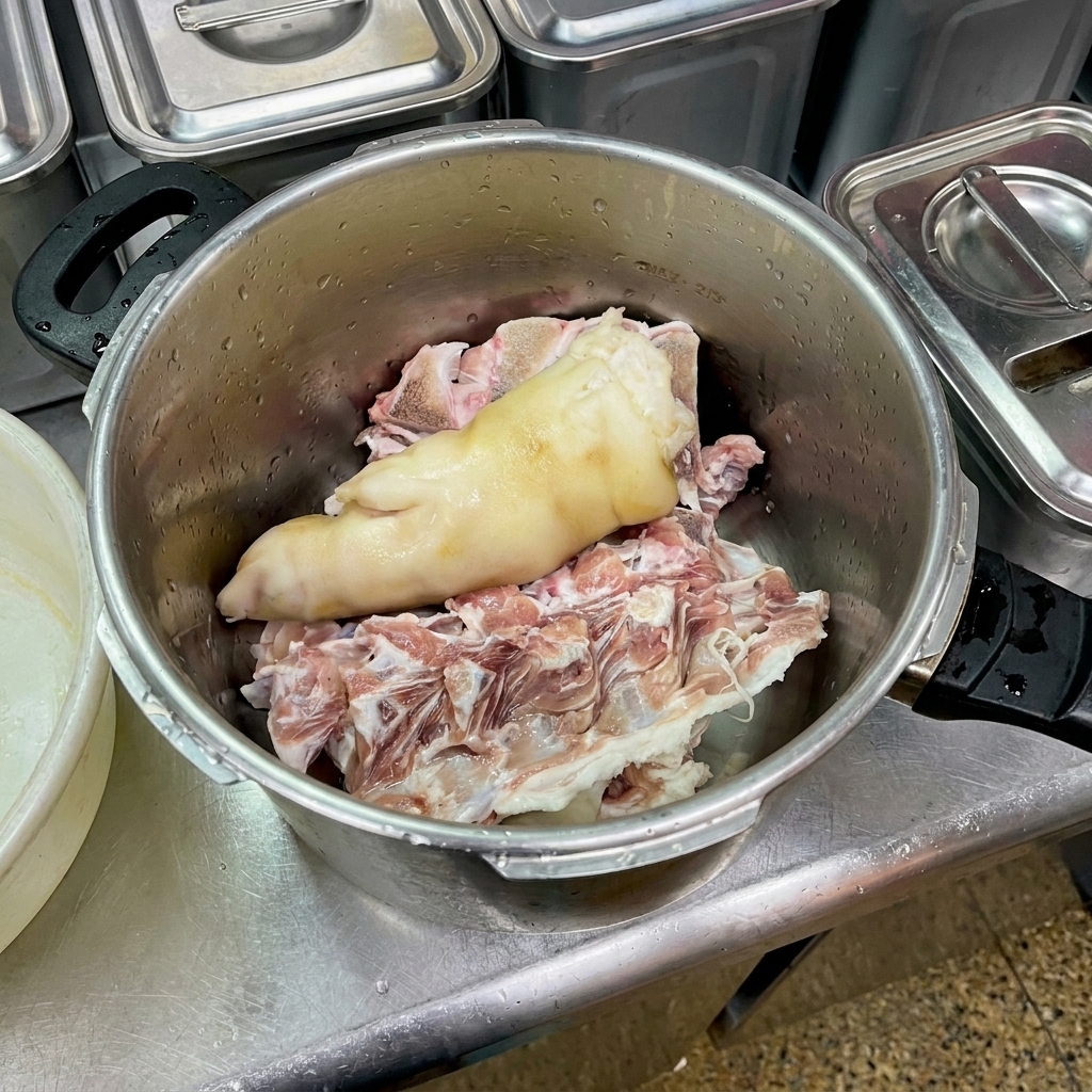 Une grande marmite contenant des os de porc crus, un pied de porc et des pattes de poulet.
