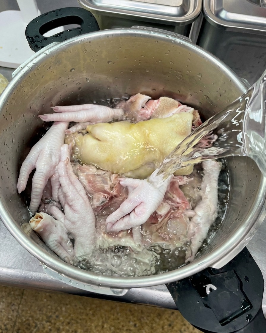 De leau claire versée sur les os de porc et de poulet dans une marmite en métal.