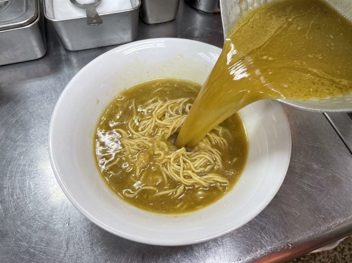 Bouillon tonkotsu versé sur une portion de nouilles ramen dans un bol blanc.