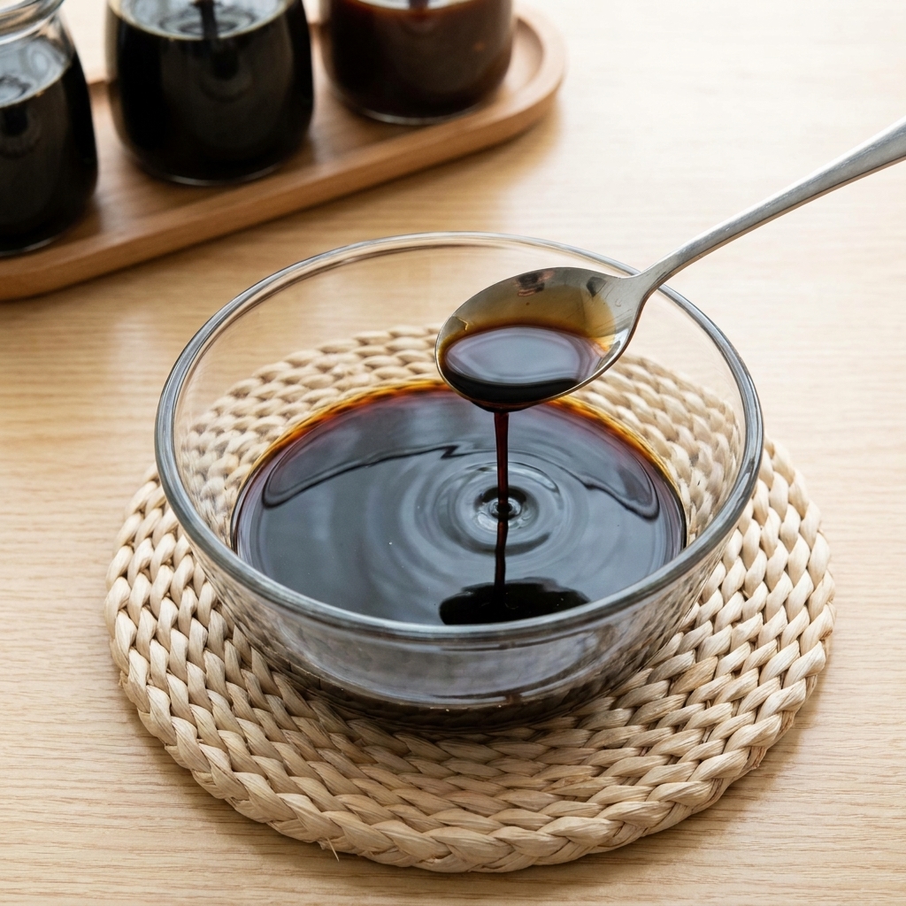 Verser de la sauce huître épaisse depuis une cuillère métallique dans un bol contenant un mélange de sauce soja.