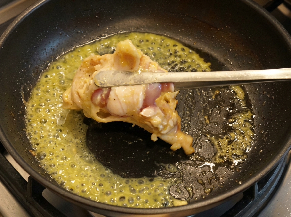 Des pinces retournant une cuisse de poulet à moitié cuite dans une poêle bouillonnante.