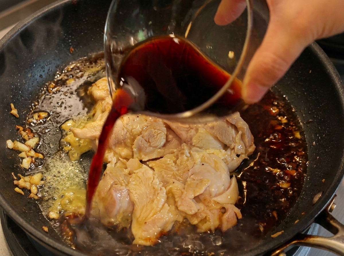 Verser une sauce sombre depuis un bol sur une cuisse de poulet en train de cuire dans une poêle.