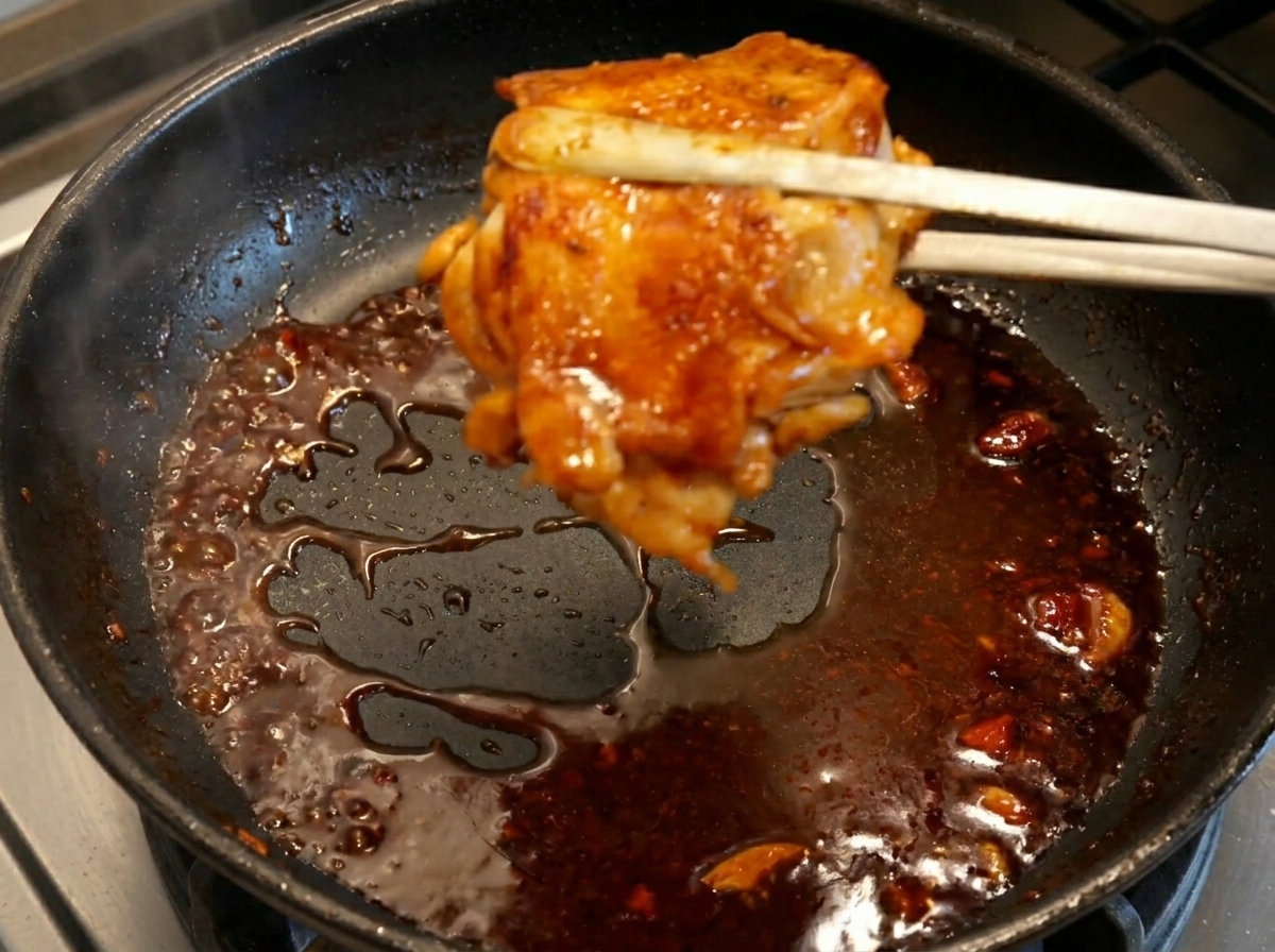 Des pinces soulevant une cuisse de poulet brillante et laquée dune poêle contenant une sauce réduite.