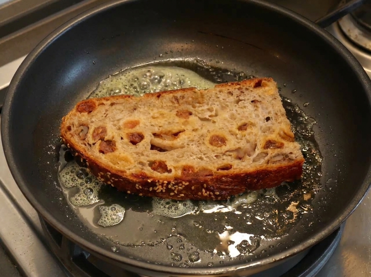 Une tranche de pain artisanal grillant dans une poêle avec du beurre moussant.
