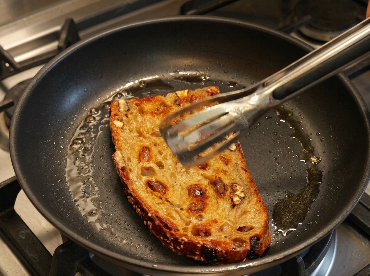 Une tranche de pain grillée et bien dorée retournée avec des pinces dans la poêle.
