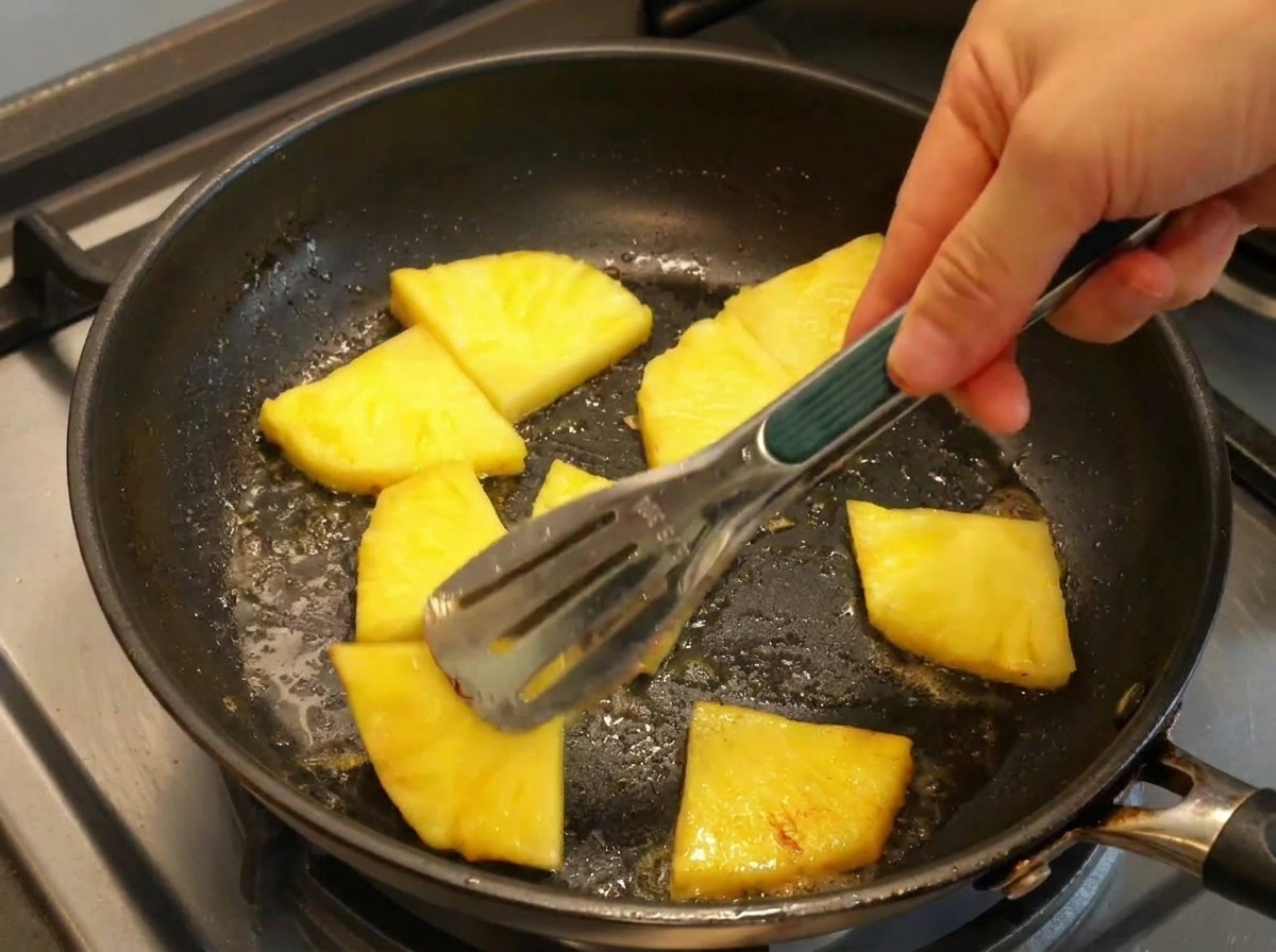 Des pinces retournant des tranches dananas jaune vif dans une poêle chaude au beurre.